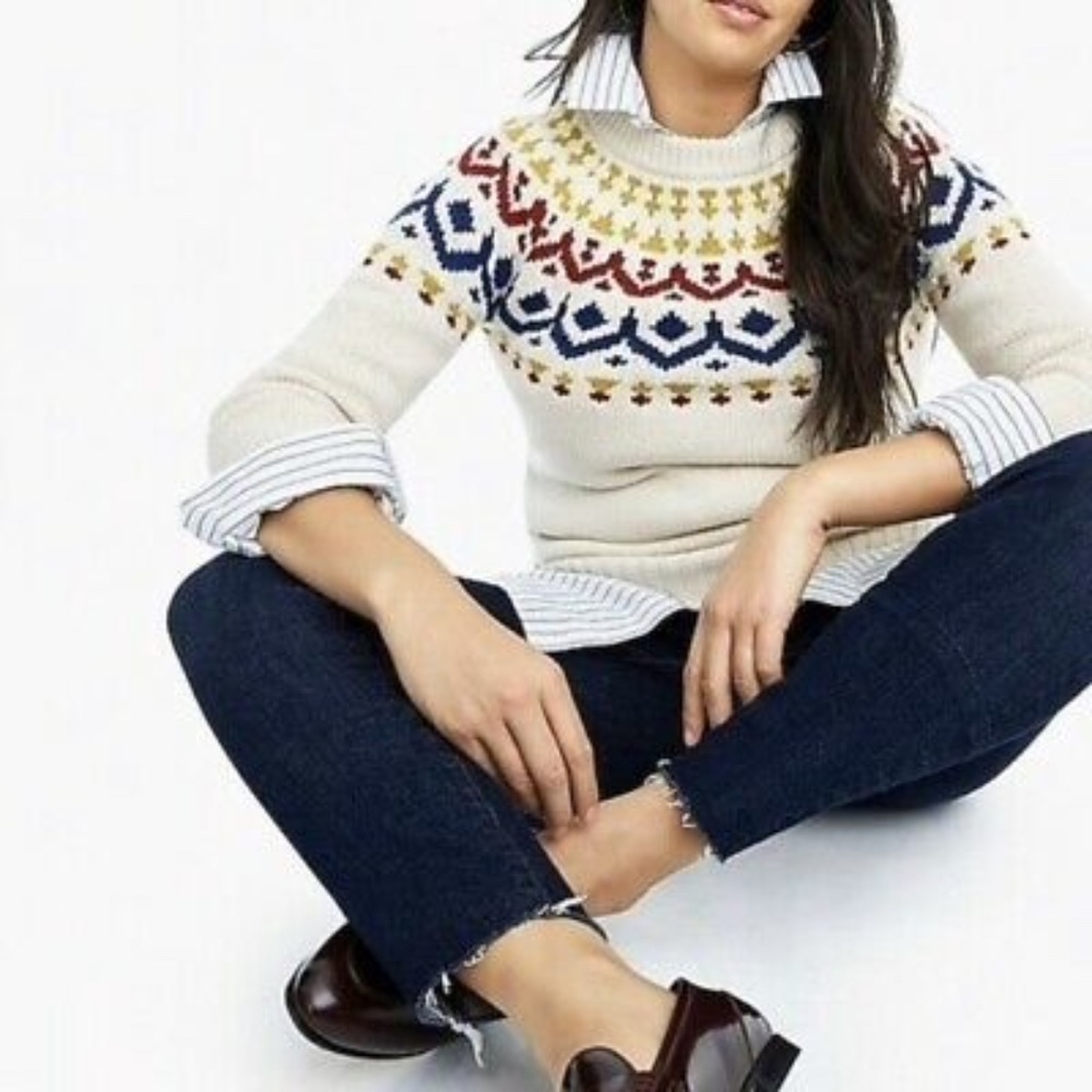 J. Crew Cream and Multicolor Crew Neck Sweater